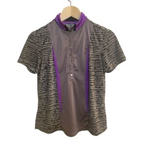 Jamie Sadock Golf Shirt Womens Taupe Brown-Gray Print Purple Performance Top-LRG